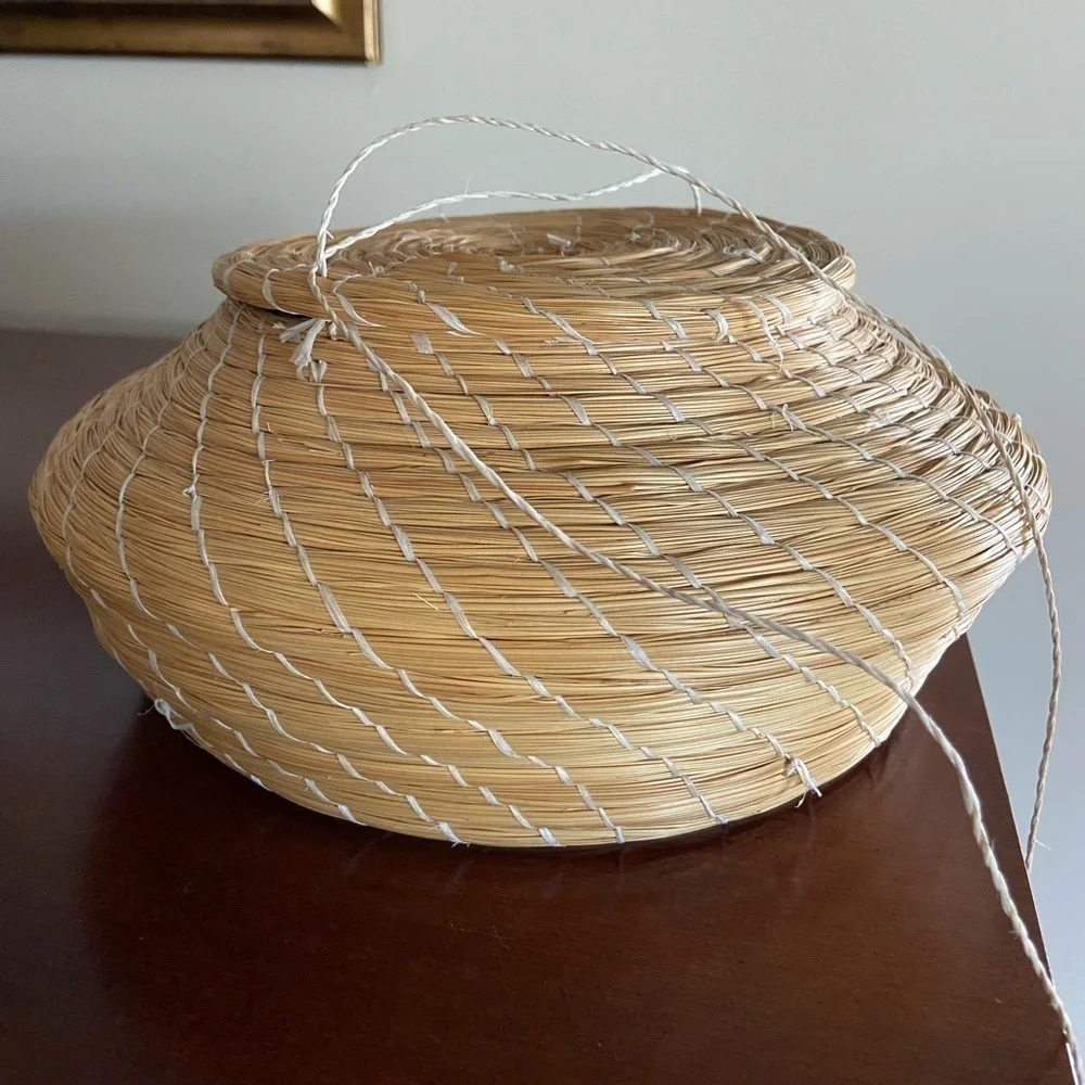 Vintage Coiled Grass Basket with Lid Primitive Rustic Native Tribal Squat Basket